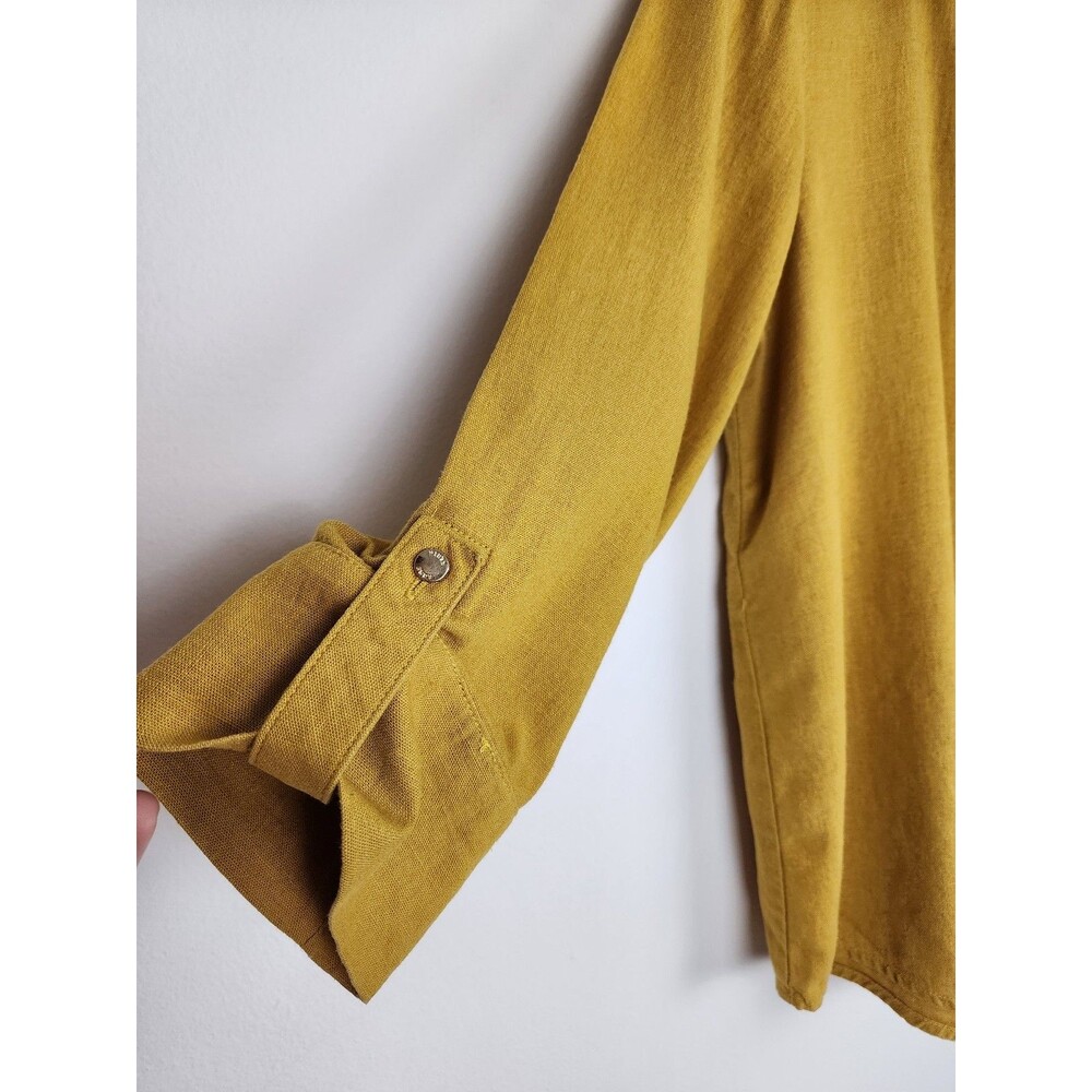 Anne Klein Linen blend yellow mustard button-up blouse roll-tab sleeves size M - Picture 8 of 9